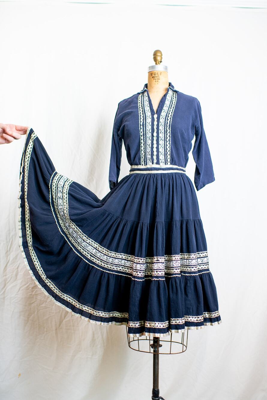 Vintage 50s Mexican Circle Skirt Blouse Set, Cotton Gauze, Black Gold Fiesta, S